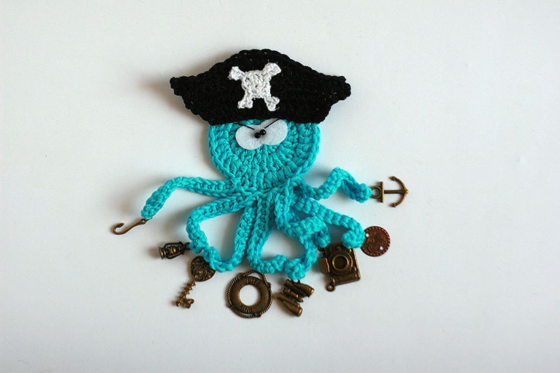 Pirate The busy Octopus, Handmade Crochet applique by TomToy, 10cm, 1 applique/applique with charms image 1