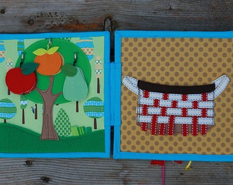 Tree of many fruits and Basket double page for custom built Quiet Book by TomToy,Snaps-Weaving activities, 20x20cm, Double page