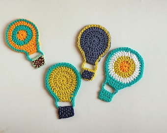 Hot air balloon Crochet applique, High and above embellishments, Transportation crochet applique, 6x9cm, Set of 4