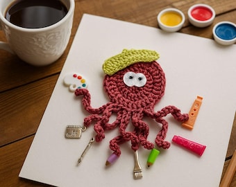 Busy Artist Octopus – Full of Charm, The Busy Octopus collection Handmade Crochet applique by TomToy, 10cm, 1 applique/applique with charms