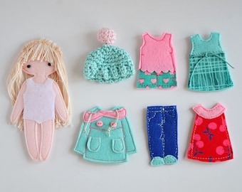 Vilt "Papier" Doll Starter set #2, Doll Dressing Play set, Meisje meeneem speelgoed, Aangepaste pop Huid- en haarkleur