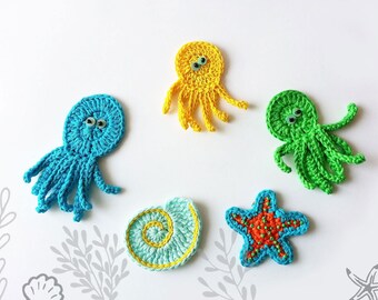 Underwater Crochet applique - Starfish, Shell, Octopus,  Set of 5