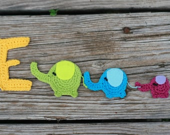 E is for Elephant Crochet applique, Crochet Monogram, crochet ABC Alphabet letters personalize embellishments, 7-8cm tall, 1 letter+applique