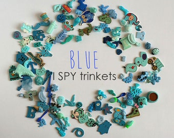 Blue I Spy Trinkets, Rainbow I spy bottle/bag filler, Colorful miniatures, Mixed buttons, beads, charms, 1-3cm, Set of 50