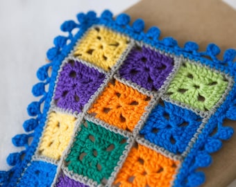 Miniature crochet blanket, Granny squares with pompom trim, hand crocheted dollhouse throw, 14x10cm