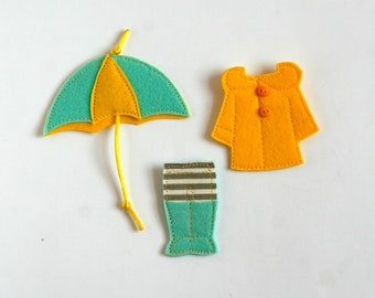 Rainy day Dressing set for TomToy Felt "paper" doll , Set of 3 pieces: Raincoat, Rain Boots, Umbrella