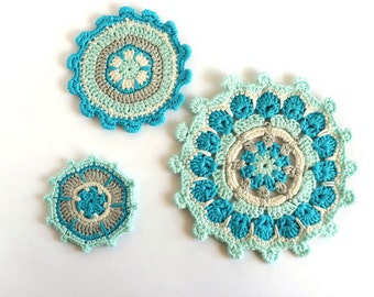 Crochet Mandala applique, Crochet flowers, Crochet Embellishments , White-Blue decoration, Set of 3