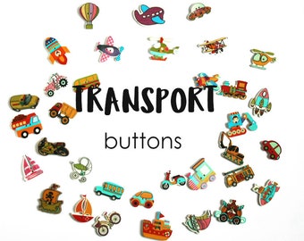 Mixed Transportation wooden buttons, 1.5-3.5cm, Two holes sewing buttons, Cartoon mixed car shape painted buttons, Set of 15
