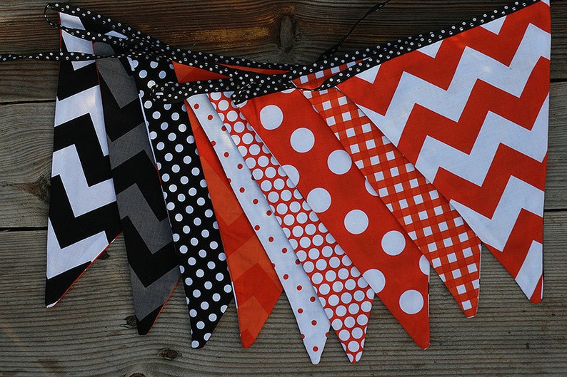 Fabric Bunting Party decor different colors: Nautical red blue, Pastel mint grey, Halloween orange black, Monochrome black&white, 2m length image 4