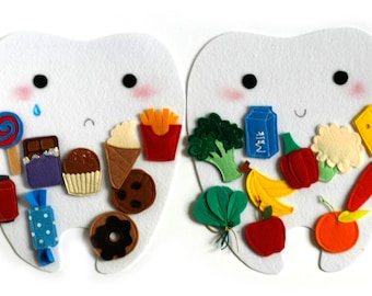 Happy tooth - Sad tooth, Felt sorting activity Good and bad food for teeth, 21x24cm tooth, Set of 2 teeth+20 food pcs