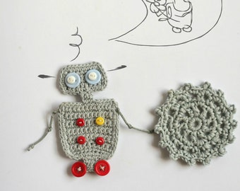 Cogs and wheels -crochet robot applique embellish motif in grey