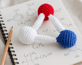 Molecule triangle Rattle, Scientific crochet rattle, Baby toy, Teething toy, Hand crocheted toy, Present for baby, Red Blue White