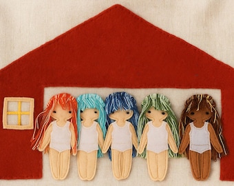 Stripy hair Felt "paper" doll, Custom hair color and skin tone, Handmade by TomToy , 12cm tall, 1 doll