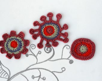 Retro plum flower Crochet appliques by TomToy, 6-9cm, Set of 3