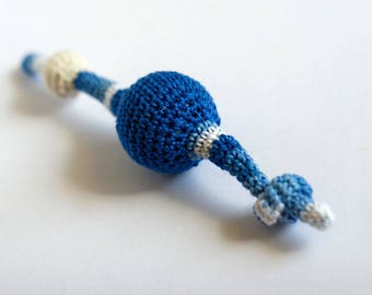 Ball-Knot crochet Rattle, Handmade rattle toy, Gift for baby boy, First toys, Teething toy, Blue - White stripy