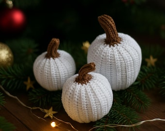 Snowy Patch Trio – White Crochet Pumpkins for Handmade Rustic Fall Crochet Thanksgiving Decor, 6-8 cm, Set of 3