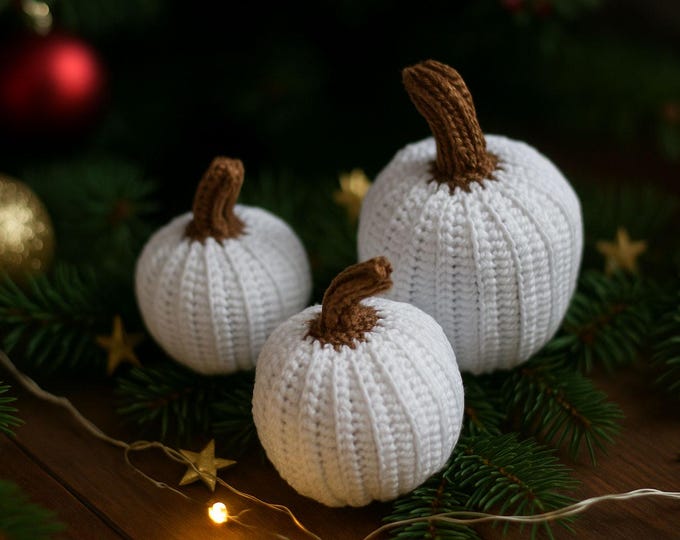 Featured listing image: Snowy Patch Trio – White Crochet Pumpkins for Handmade Rustic Fall Crochet Thanksgiving Decor, 6-8 cm, Set of 3