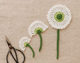 WishBloom - Dandelion Flowers Crochet applique, White crochet motif with stem, White flower, Crochet flower, 7cm flower diameter, Set of 3