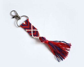 Hand woven Keychain Charm Axil, Red Blue and White, Chevron Friendship Nautical keychain