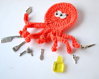 Hairdresser The busy Octopus, Handmade Crochet applique by TomToy, 10cm, 1 applique/applique with charms