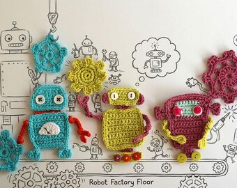 Cogs & Wheels Robot Collection – Handmade Crochet Robot Appliques, Set of 6 Cotton Embellishments for Sewing, Quilting and Crafts