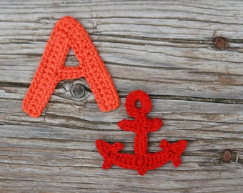 A is for Anchor Crochet Alphabet applique, Crochet Monogram, ABC letters crocheted personalize embellishments,  7-8cm tall, 1 letter