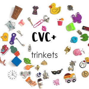 CVC+ Short vowel I spy trinkets, 1-3.5cm, Set of 50 objects