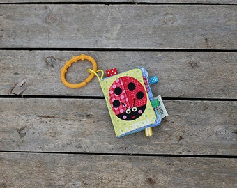 Mini baby book, My first book, Soft cloth fabric crinkle book, First words, Stroller loops toy, 7x10cm, 6 pages