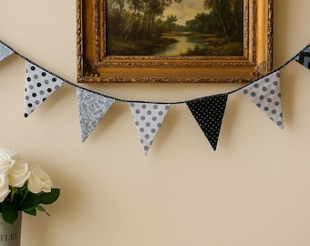 Monochrome Fabric Bunting for Home Decor and Parties Banner, Handmade Garland by TomToy, 2m length