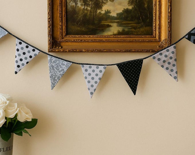 Featured listing image: Monochrome Fabric Bunting for Home Decor and Parties Banner, Handmade Garland by TomToy, 2m length