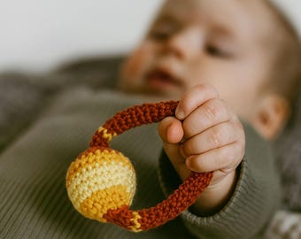 Ring Crochet Baby Teether Rattle, Teething toy, Present for new baby, Brown Ombre