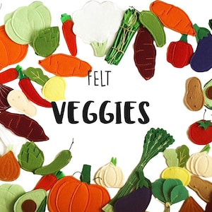 May include: Felt cutouts of various vegetables, including a pumpkin, carrot, avocado, aubergine, and onion. The text "FELT VEGGIES" is in the centre of the image.