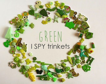 Green I Spy Trinkets, Rainbow I spy bottle/bag filler, Colorful miniatures, Mixed buttons, beads, charms, 1-3cm, Set of 20/50/100