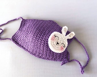 Child crochet Face mask, Purple with white bunny applique, Lined with fabric, Ready made, Handmade by TomToy