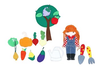 Garden set for Felt "paper" doll, Vegetables and fruits, Tree, Farmer outfit, Garden tools, 12cm doll, Choose your own set