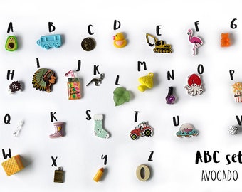 Avocado ABC set, Alphabet I spy trinkets , 1-3cm, 1 object per letter