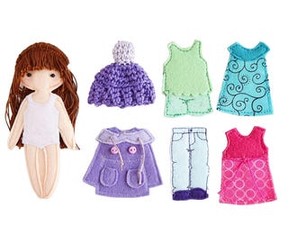 Felt "paper" doll Starter set #3, Doll dressing play set, Customized doll, 12cm doll, Set of 1 doll and 6 outfits