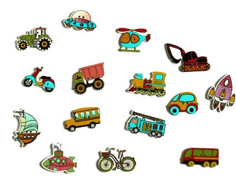 15 Mixed Transportation wooden buttons, 1.5-3.5cm, Two holes sewing buttons, Cartoon car shape painted buttons, Set of 15