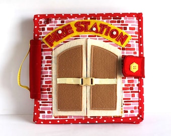 Fire station Quiet book with felt "paper" doll, Special handmade gift for a boy 20x20cm, Custom 4-12 pages