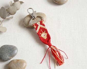 Woven Tassel Key FOB Sol's Eye in Red and Yellow, Friendship keychain