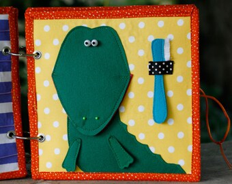 Alligator teeth brushing page for custom built Quiet Book by TomToy, Learning to brush teeth, Fabric Busy book pages, 20x20cm, Single page