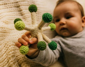 Dandelion crochet Rattle,  Soft modern toy in  Green and Off-White, Handmade by TomToy