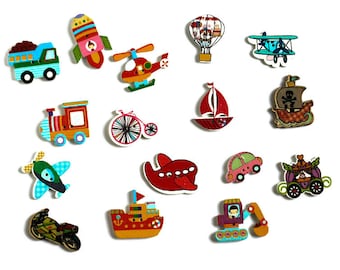 15 Mixed Transportation wooden buttons, Two holes sewing buttons, Cartoon Car shape painted buttons, 1.5-3.5cm, Set of 15