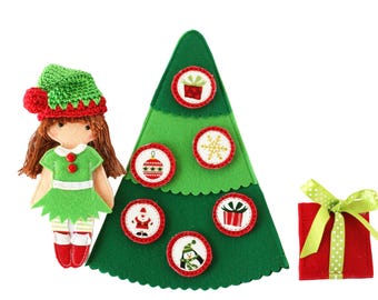 Christmas play set for felt "paper" doll, 12cm doll, Set of Elf outfit, Christmas tree and Gift