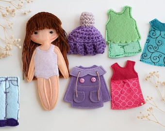 Felt "paper" doll Starter set #3, Doll dressing play set, Customized doll, 12cm doll, Set of 1 doll and 6 outfits