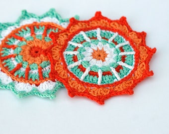 Spiked Mandala Crochet applique, Crochet flowers, Orange Mint Embellishments, Set of 2