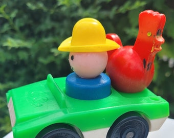 Vintage Fisher Price Little People Farmer and Chicken Headed to the Market (with car)