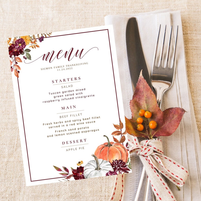 Thanksgiving Dinner Menu Template Floral Fall Menu Friendsgiving Menu Thanksgiving Dinner Menu Template Floral Fall Menu Friendsgiving Menu