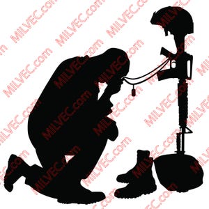 May include: Silhouette of a kneeling figure in front of a rifle and helmet memorial. The image depicts a soldier kneeling in mourning, with a rifle and helmet forming a cross. A pair of boots is placed at the base of the memorial.