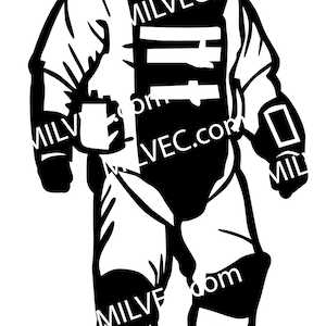 May include: Black and white illustration of a bomb suit. The suit has a helmet, a jacket with a chest plate, and pants. The text "MILVEC.com" is visible on the suit.